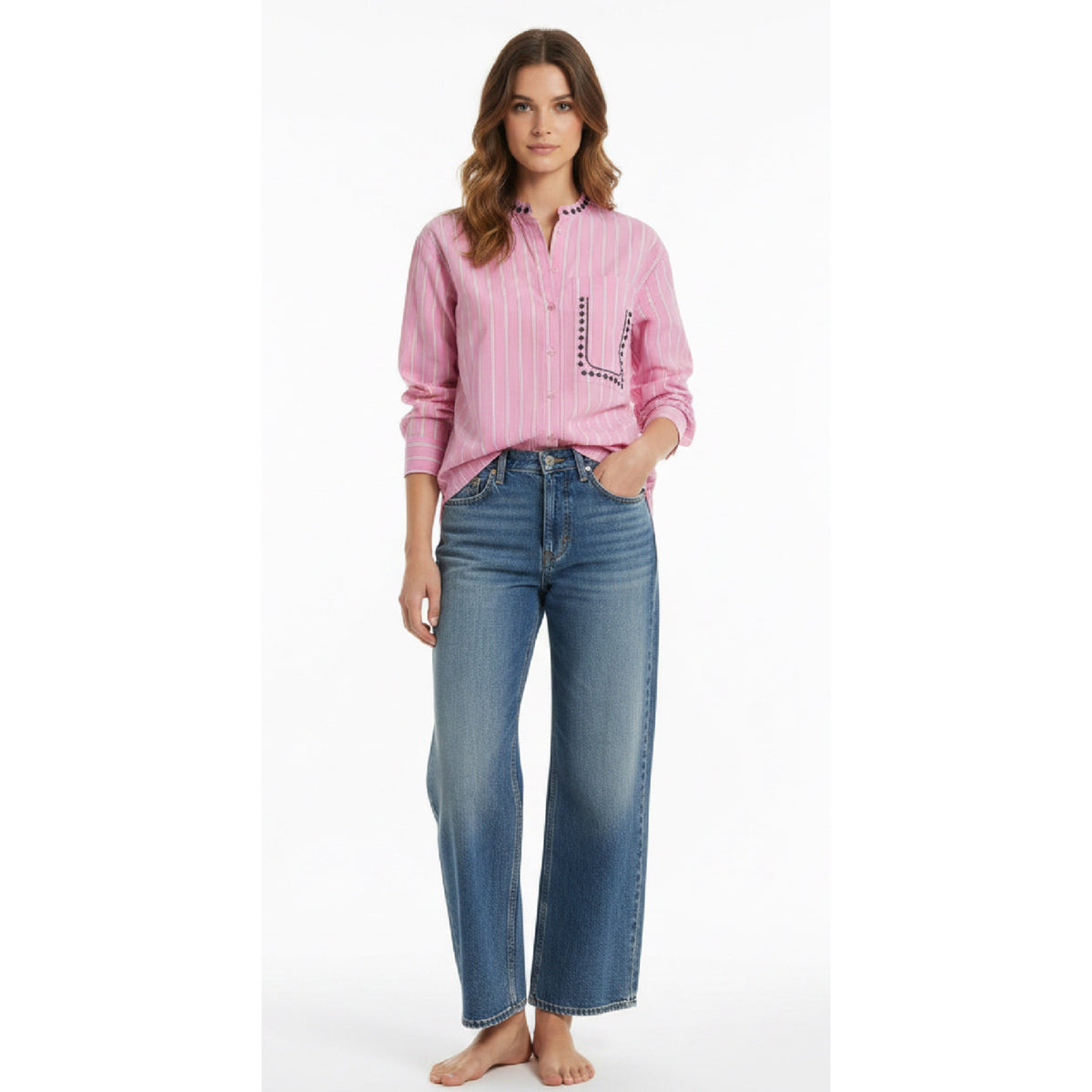*NEW* Cotton Stripe Embroidered Shirt Pink