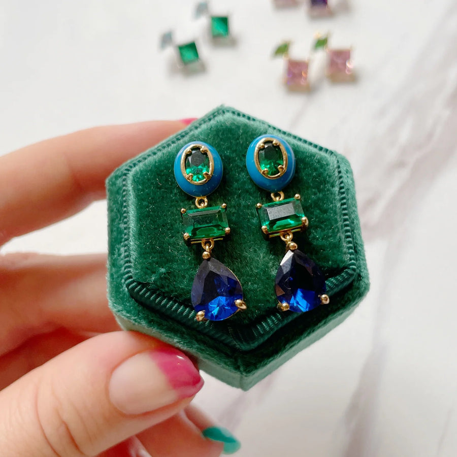 Amelia Frida Enamel Drop Earrings (blue, green & gold)