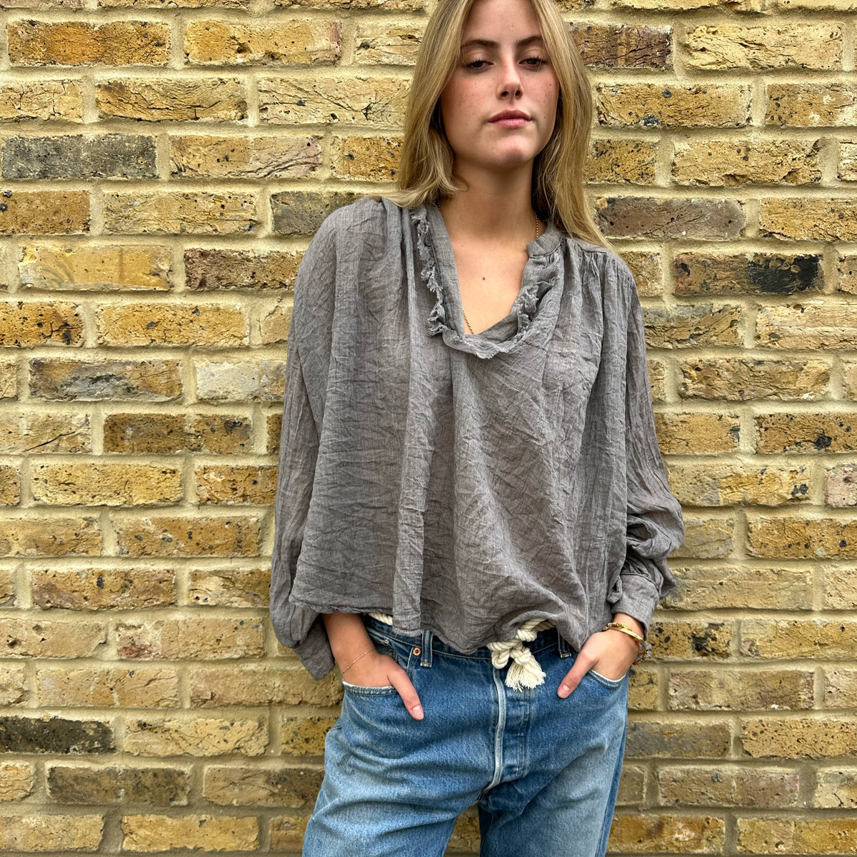 Soft Ruffle V Neck Shirt Grey