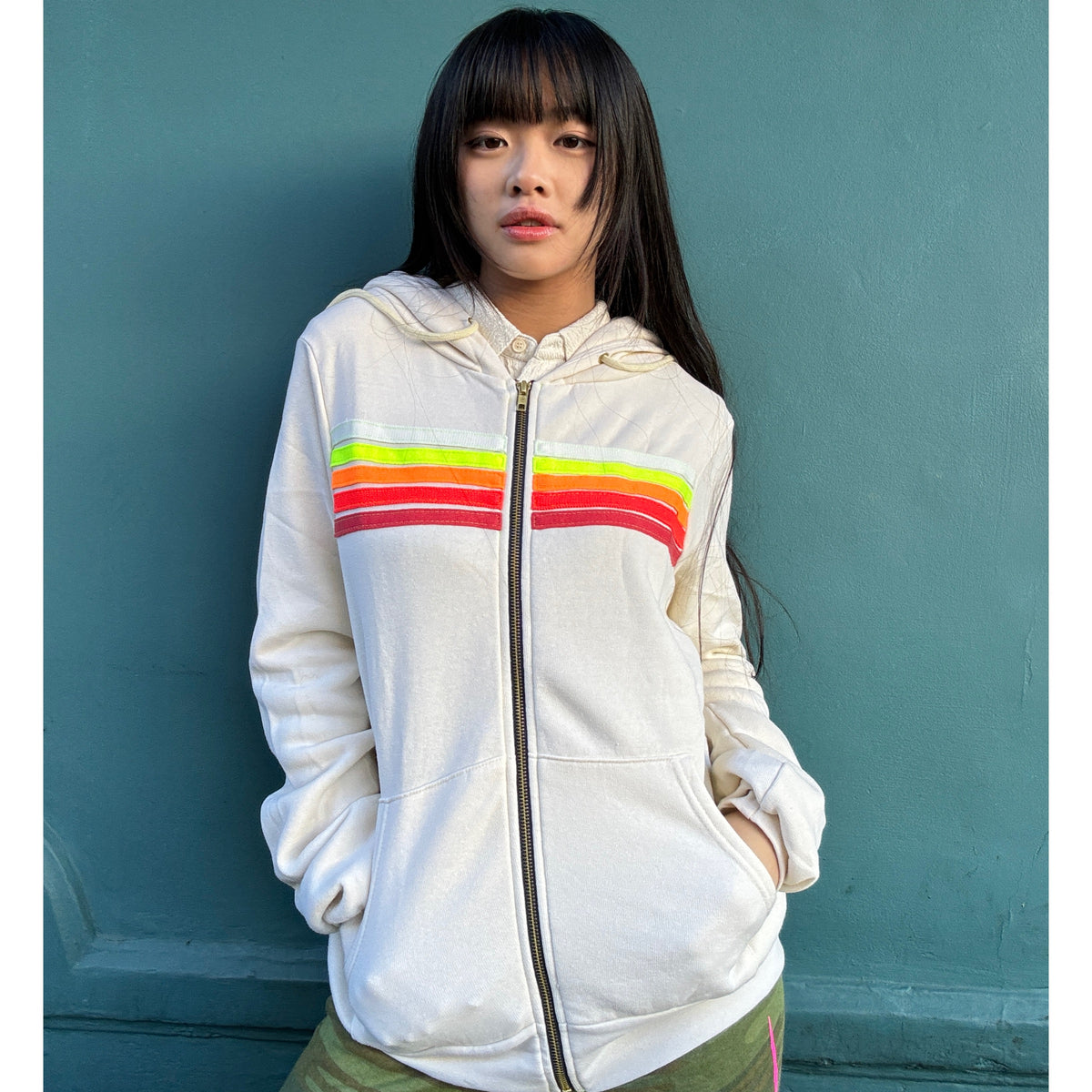 *NEW COLOUR* 5 Stripe Zip Up Vintage White/White Neon