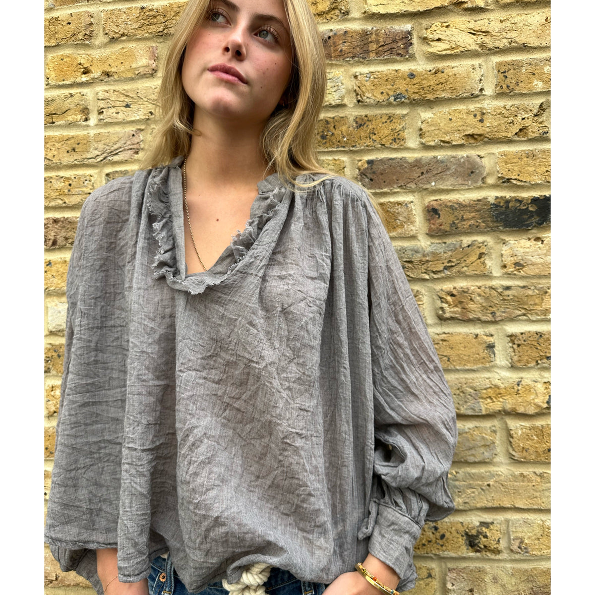 Soft Ruffle V Neck Shirt Grey