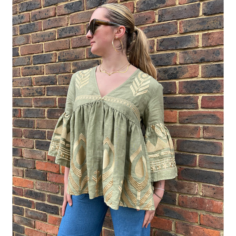 Kori Greek Archaic Feather Tunic Tea/Gold