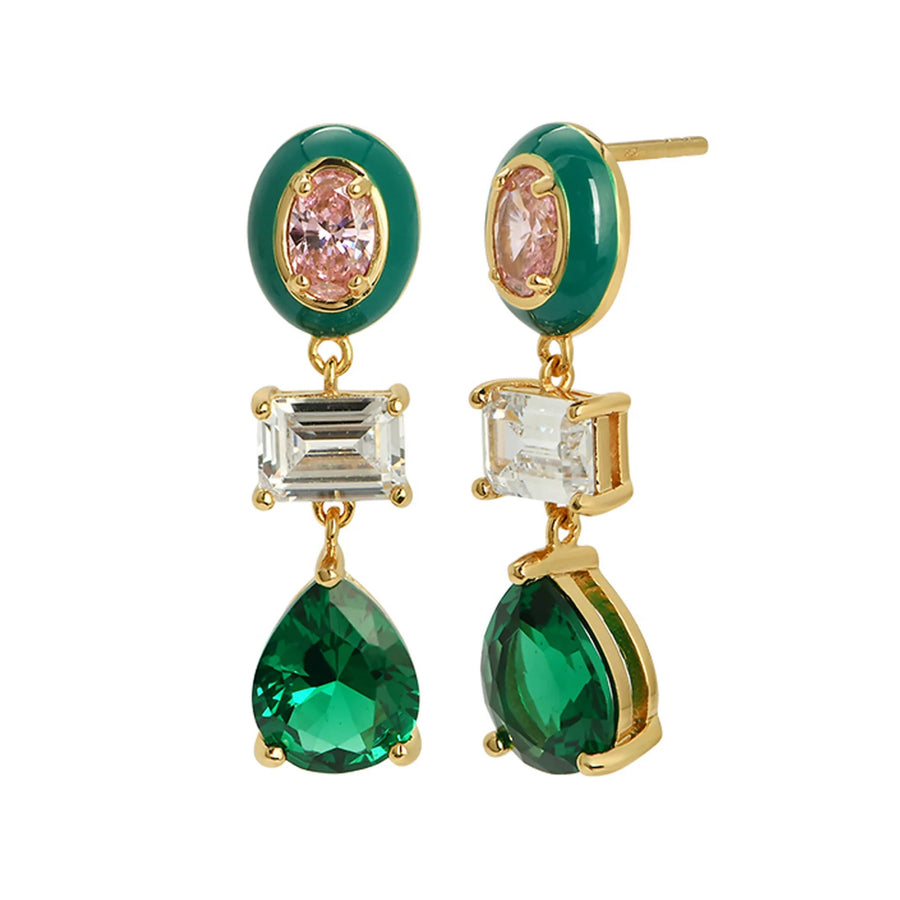 Amelia Frida Enamel Drop Earrings (pink, green & gold)