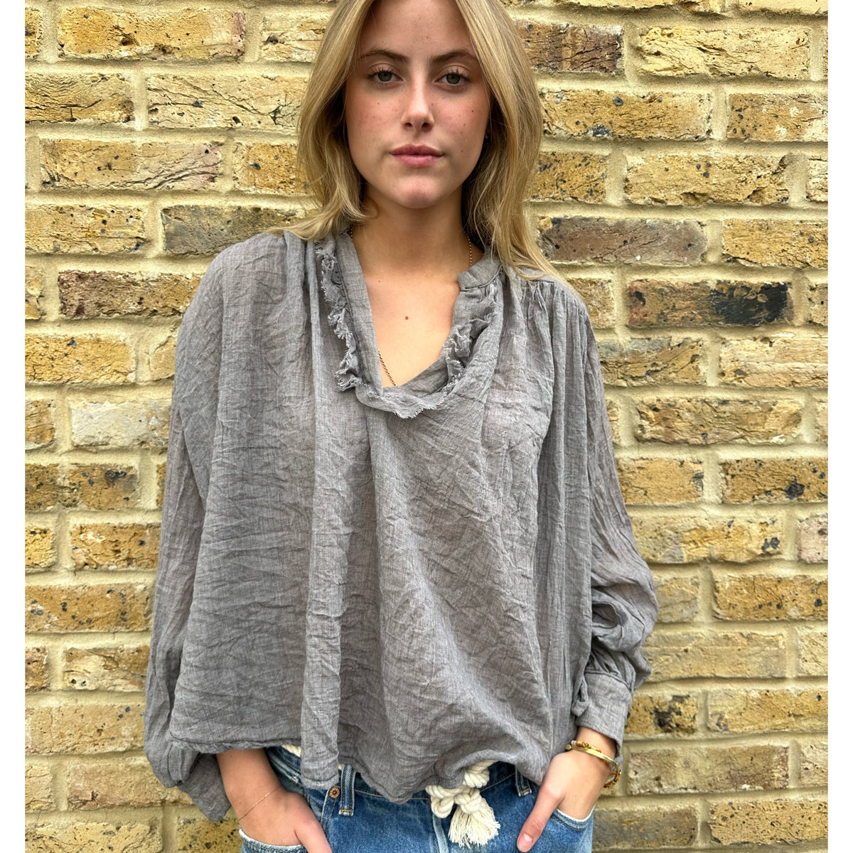 Soft Ruffle V Neck Shirt Grey