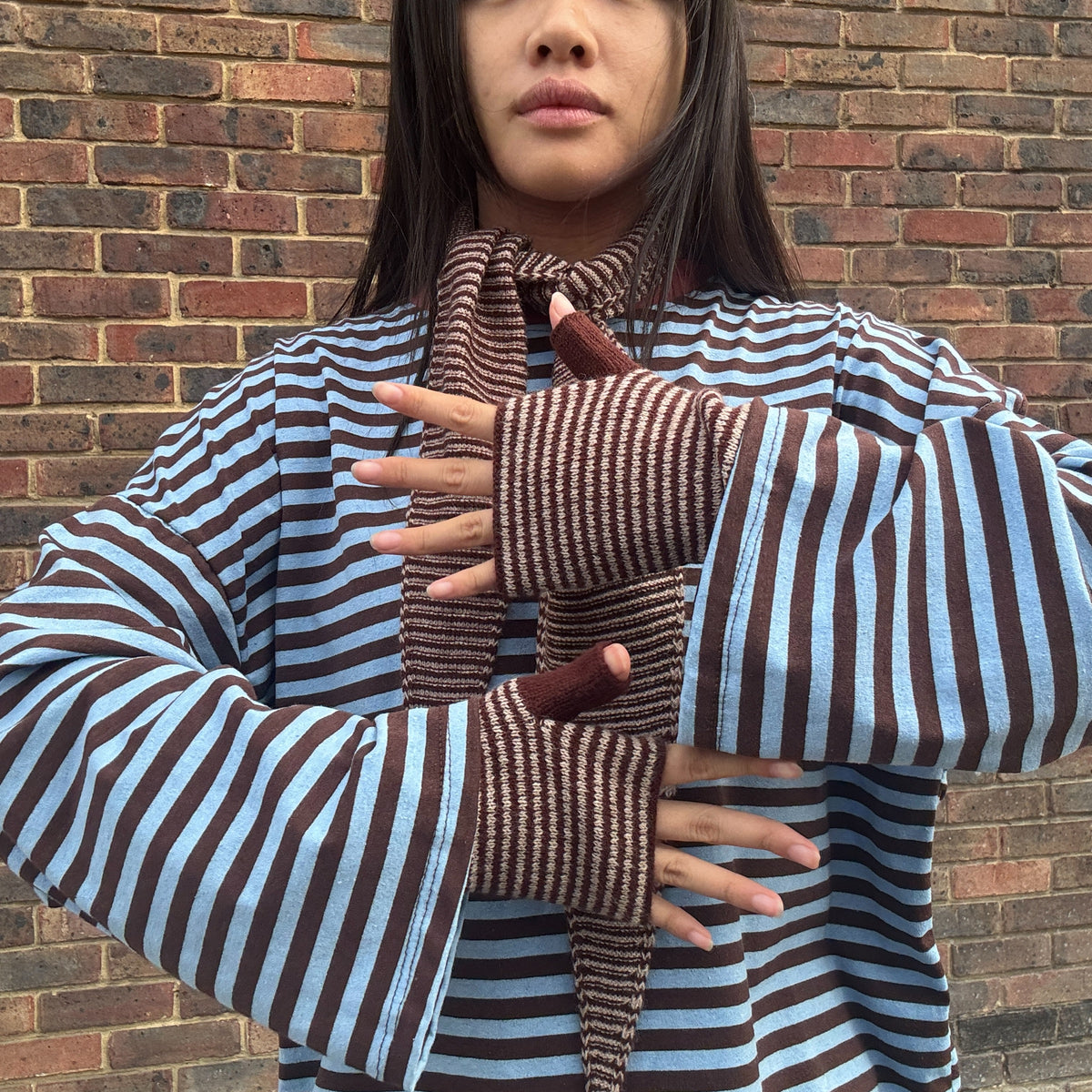 Cashmere Stripe Wrist Warmers Brown/Camel