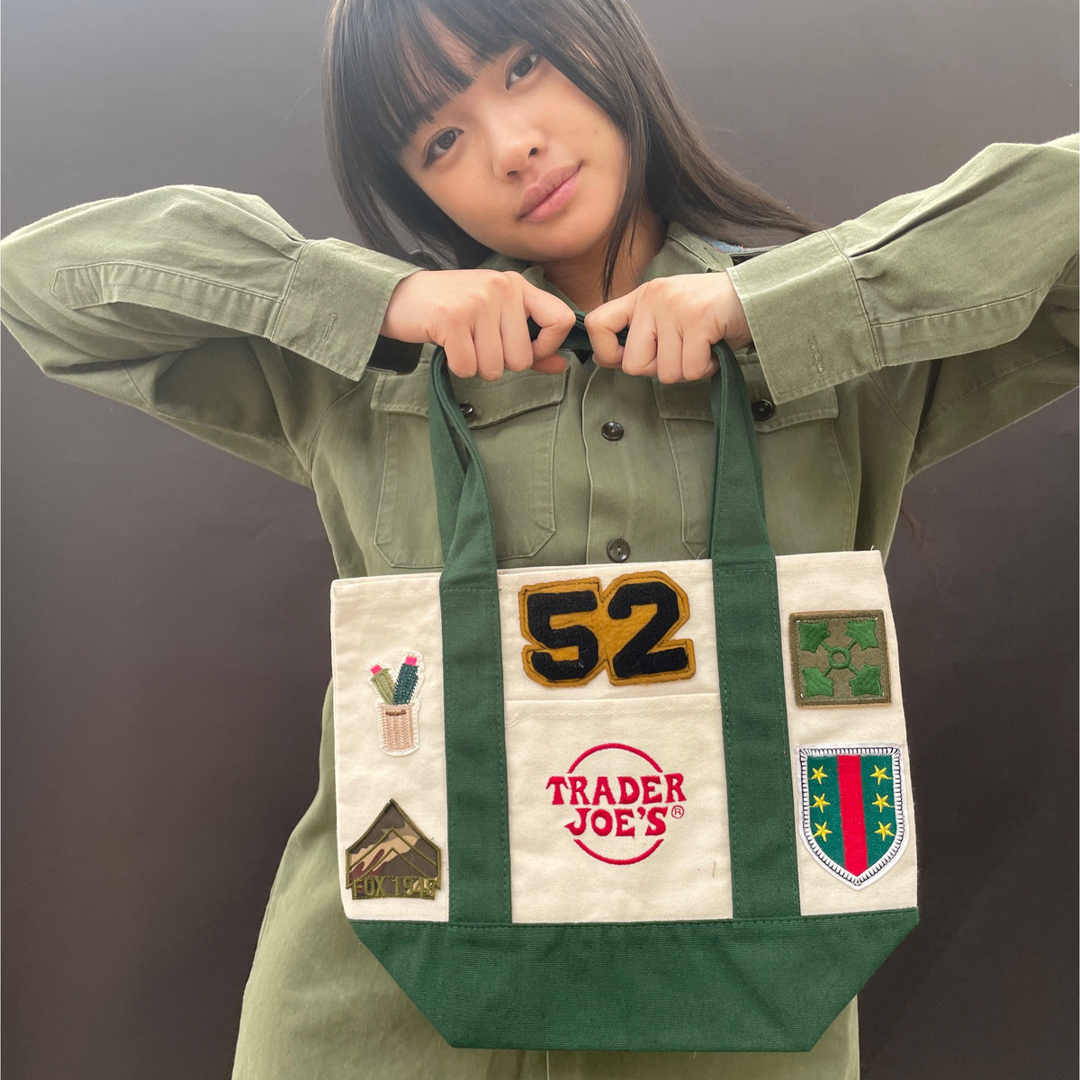 Vintage-Patched Trader Joes Tote S/M Green