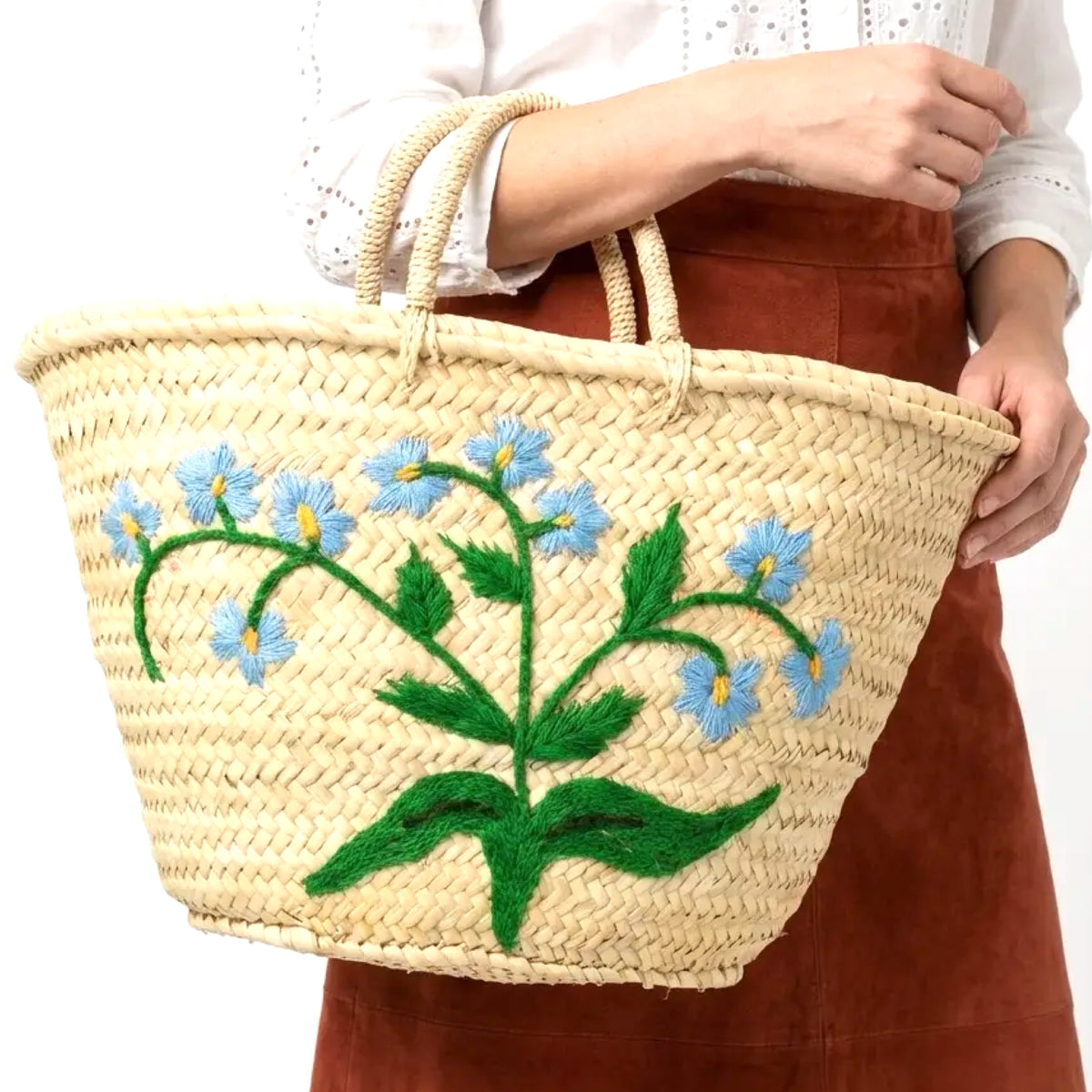 Blue Floral Embroidered Market Basket