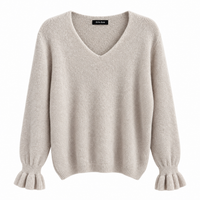 Ruffle Cuff V Neck Beige