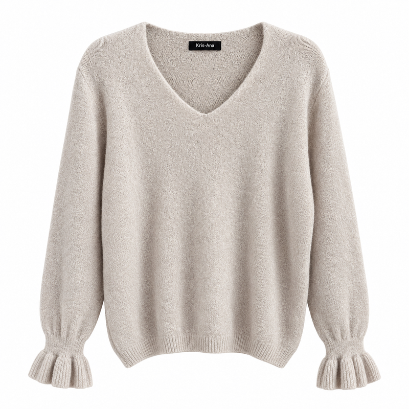 Ruffle Cuff V Neck Beige