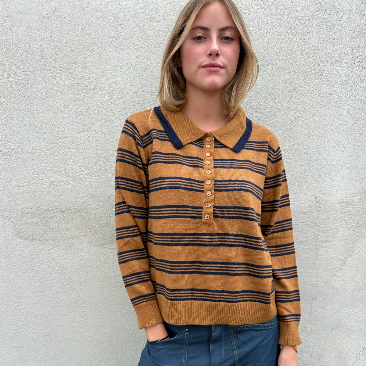 Stripe Collared Knit Dijon/Navy
