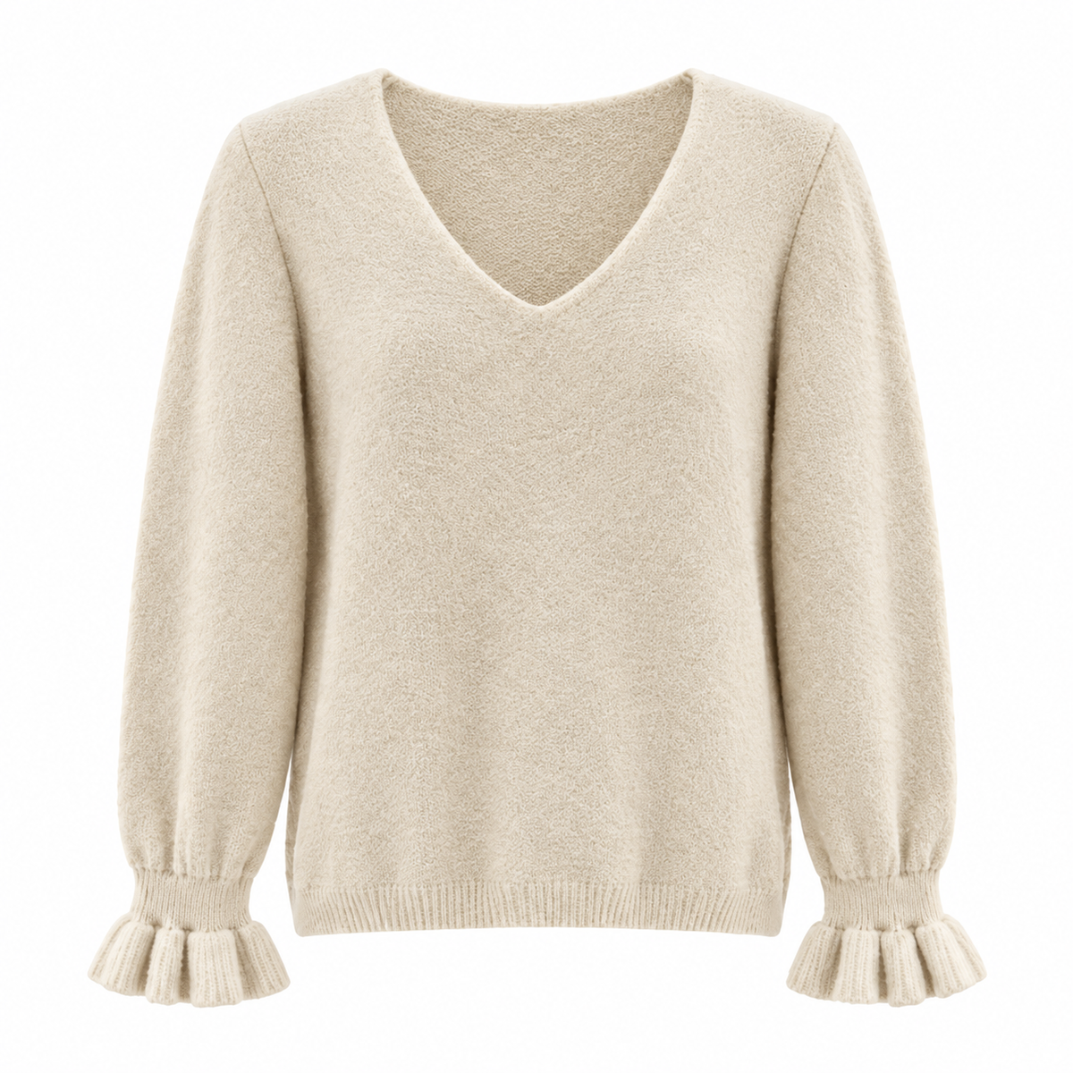 Ruffle Cuff V Neck Ecru
