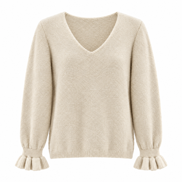 Ruffle Cuff V Neck Ecru