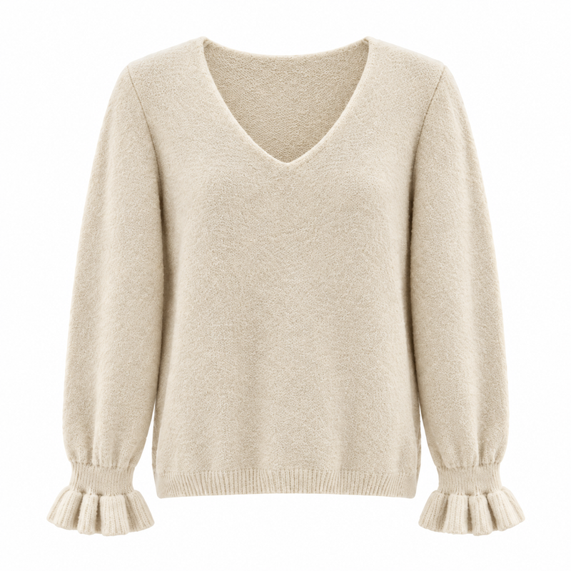 Ruffle Cuff V Neck Ecru