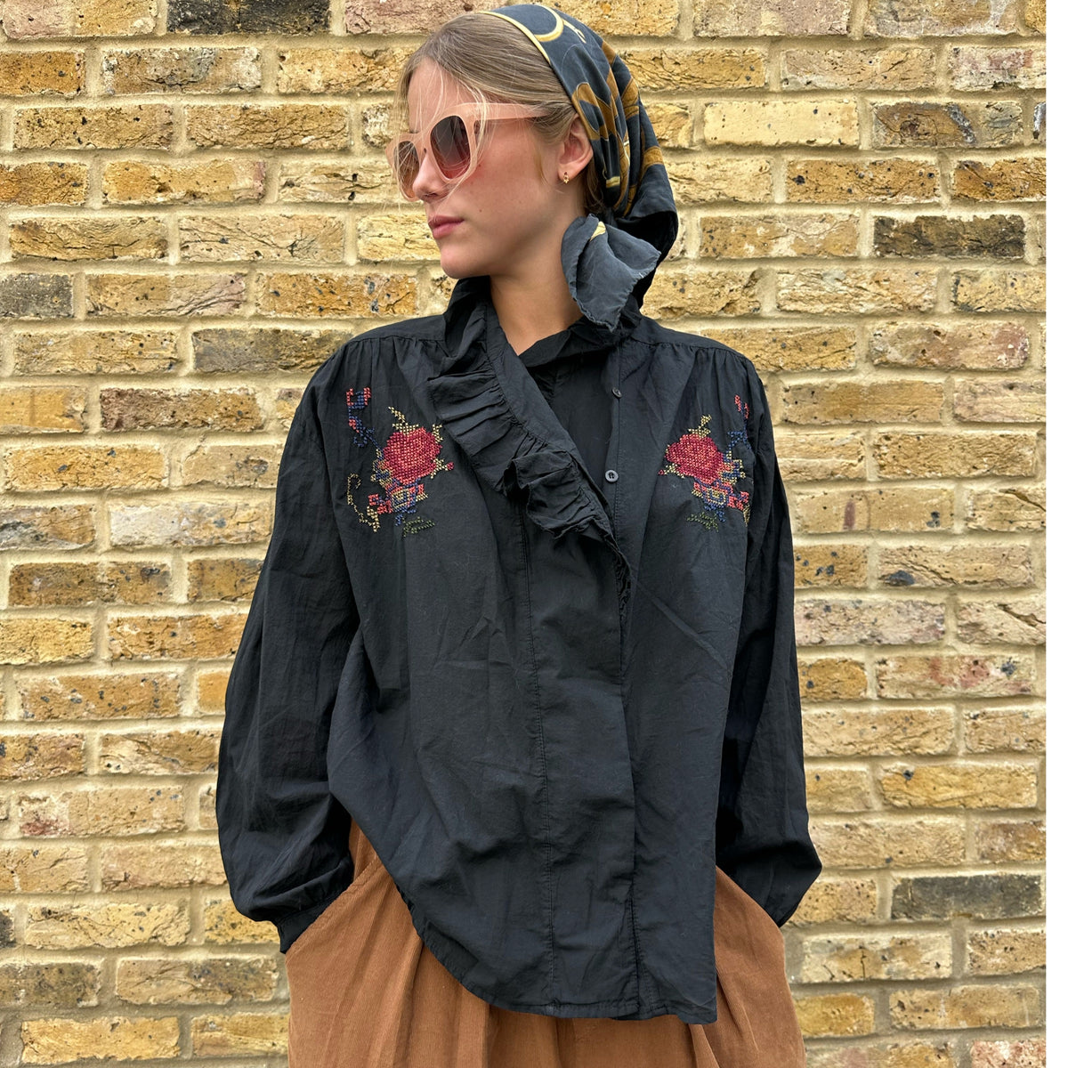 Embroidered Black Ruffle Shirt