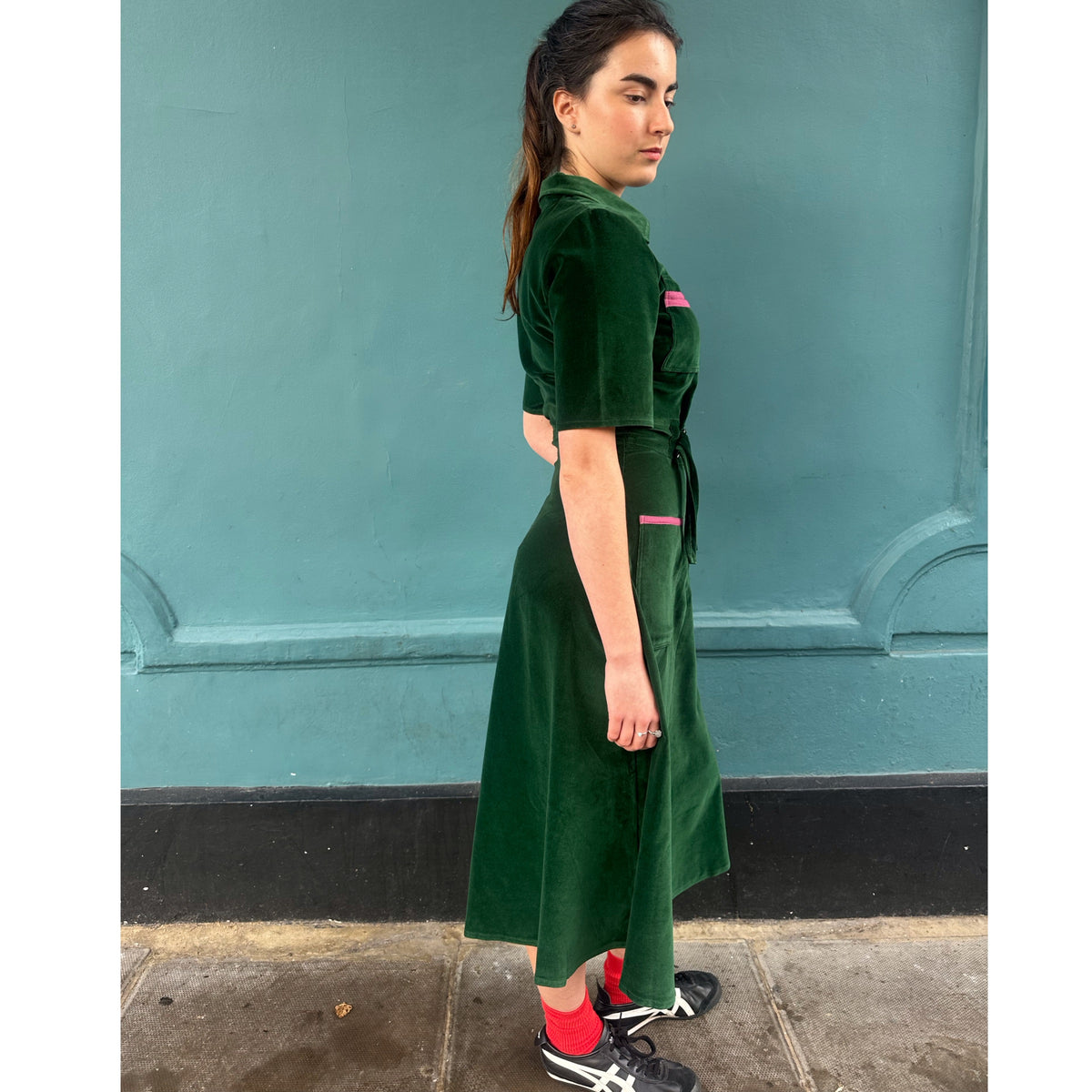 green velvet shirt dress Velvet Striped Shirt Dress/Green L