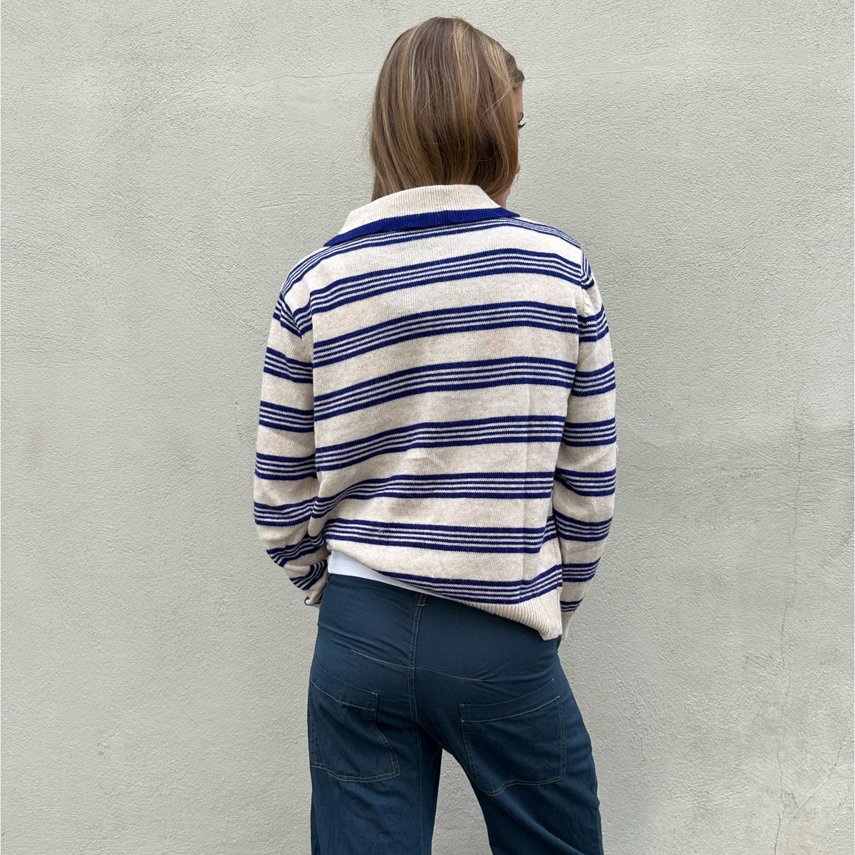 Stripe Collared Knit Ecru/Blue