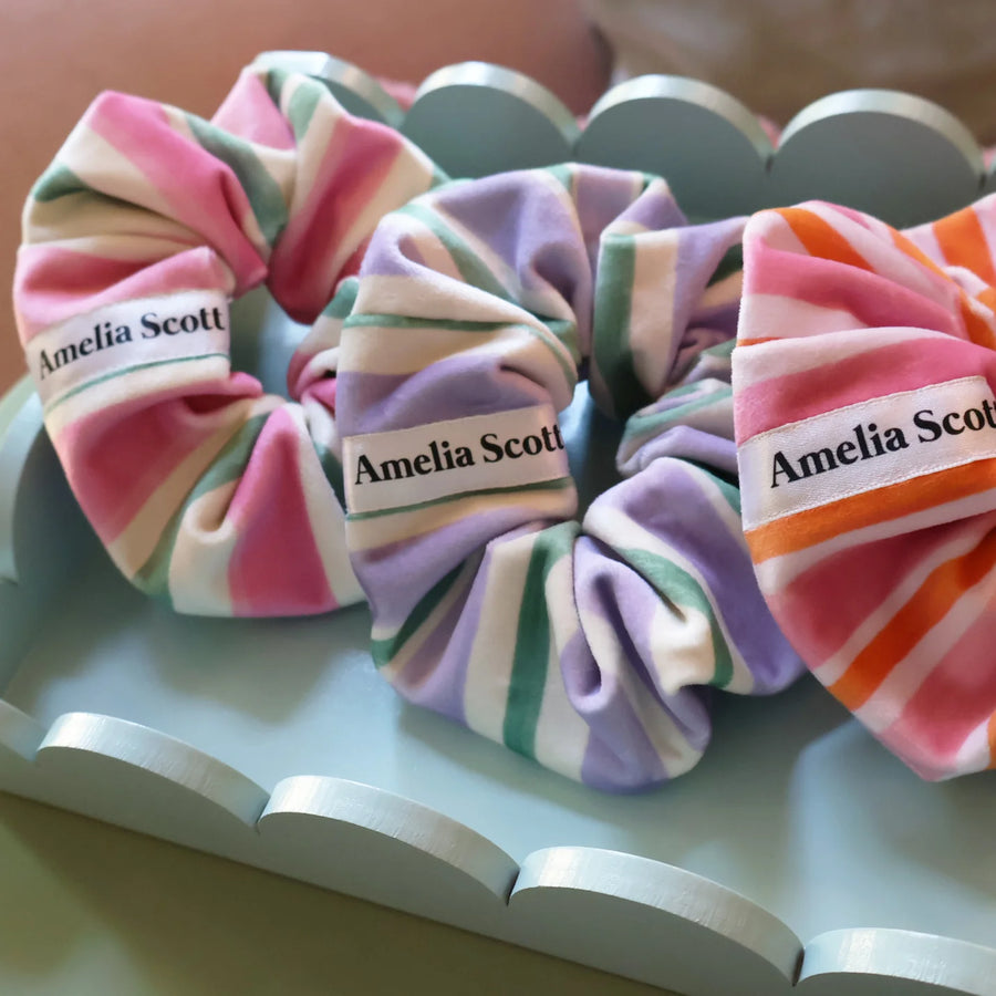Amelia pink & green stripe velvet scrunchie