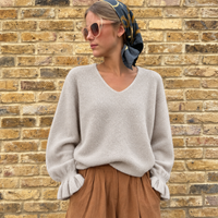 Ruffle Cuff V Neck Beige