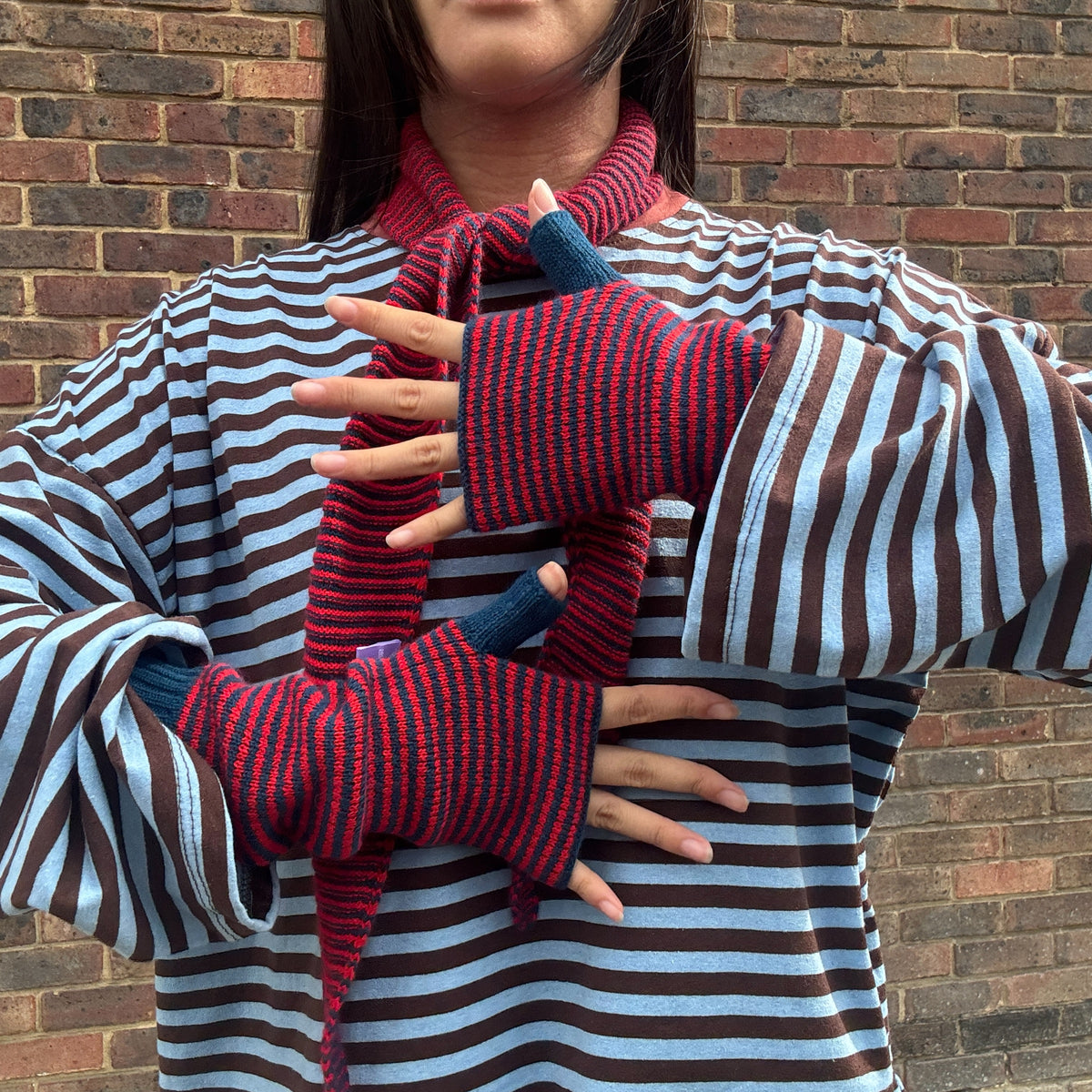 Cashmere Stripe Wrist Warmers Red/Navy