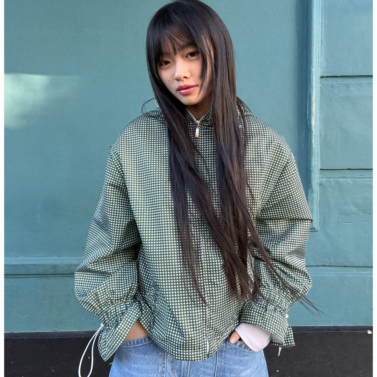 Ginny & Me Flared Windbreaker Olive Check