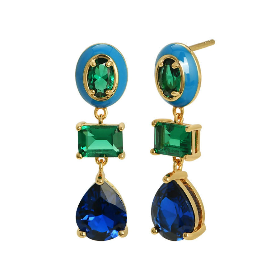Amelia Frida Enamel Drop Earrings (blue, green & gold)