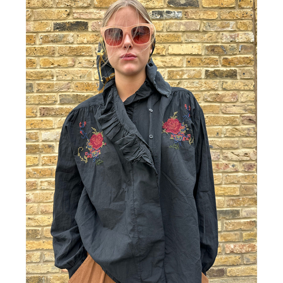 Embroidered Black Ruffle Shirt