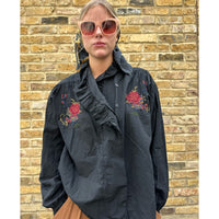 Embroidered Black Ruffle Shirt