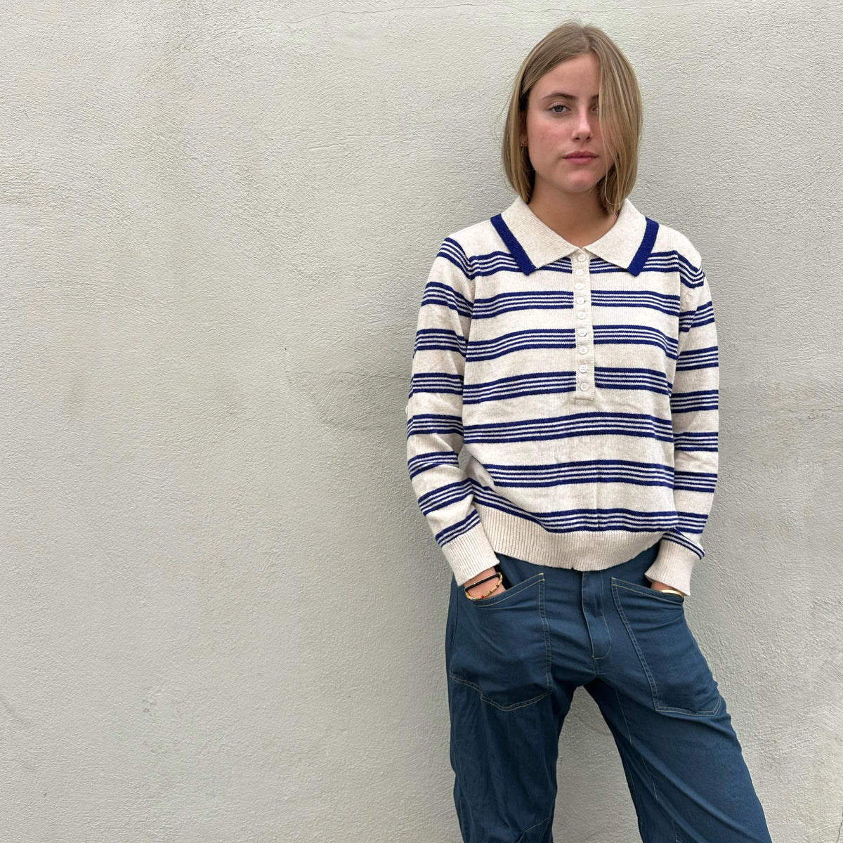 Stripe Collared Knit Ecru/Blue