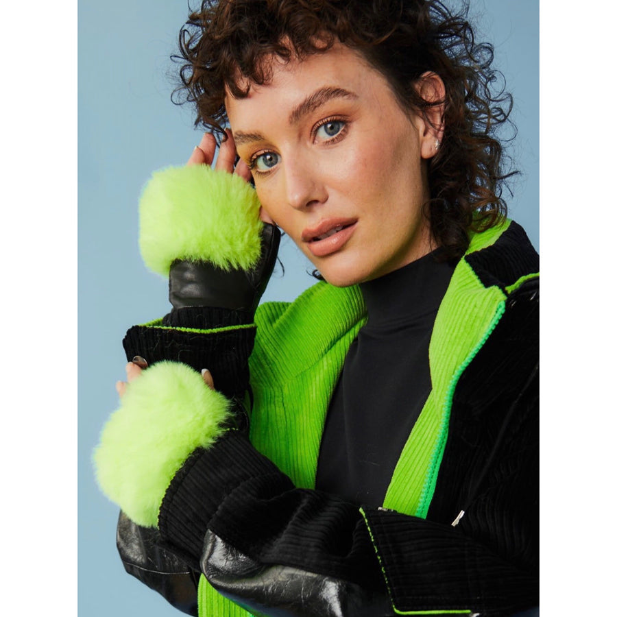 Jayley Faux Fur Neon Green Fingerless Gloves