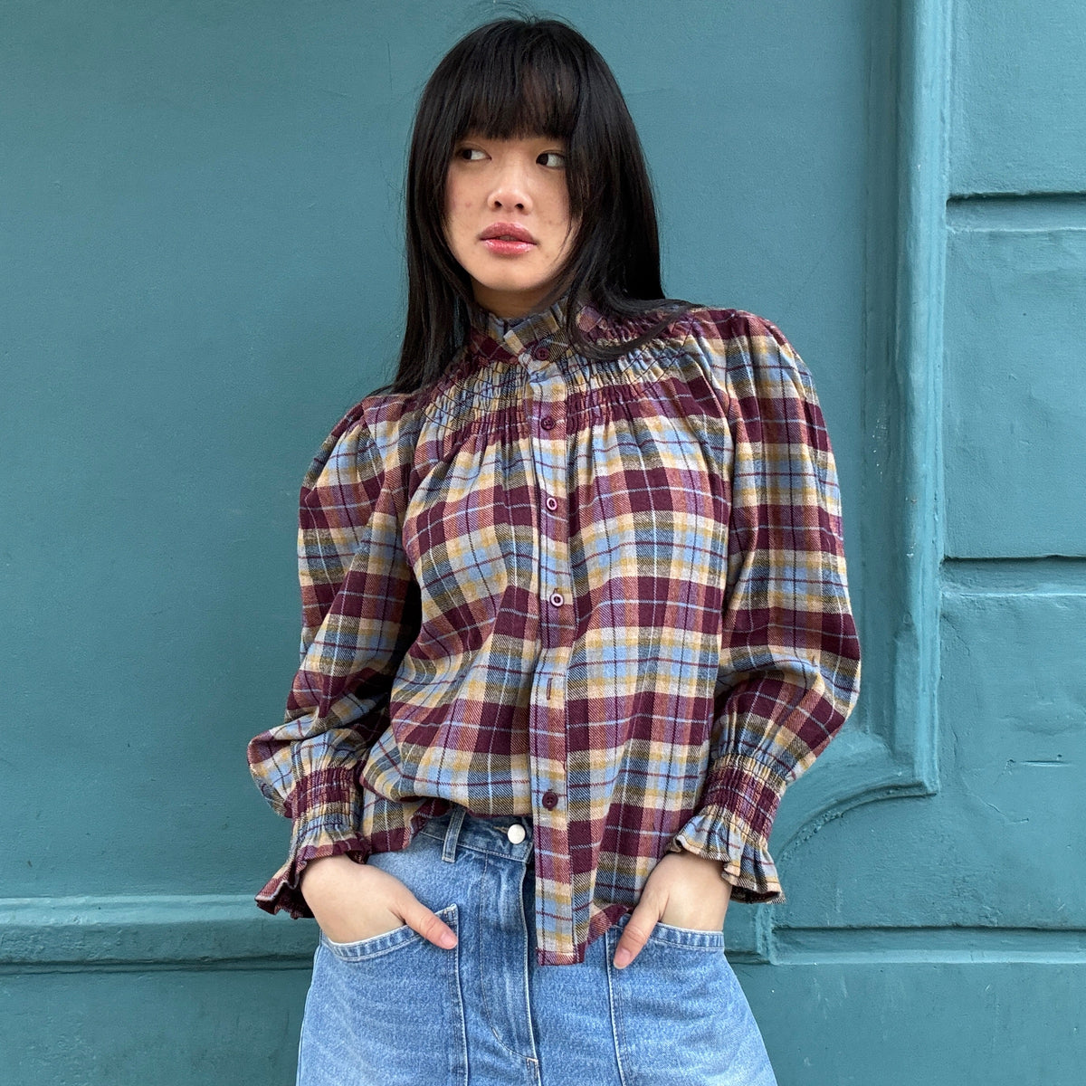 *NEW* Johanna Smocked Plaid Shirt Wine