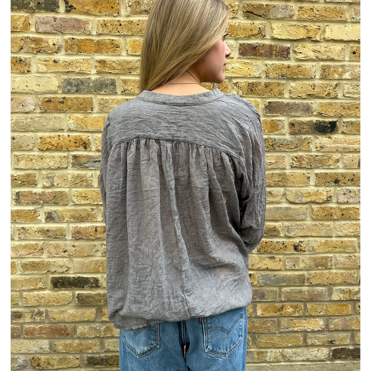 Soft Ruffle V Neck Shirt Grey