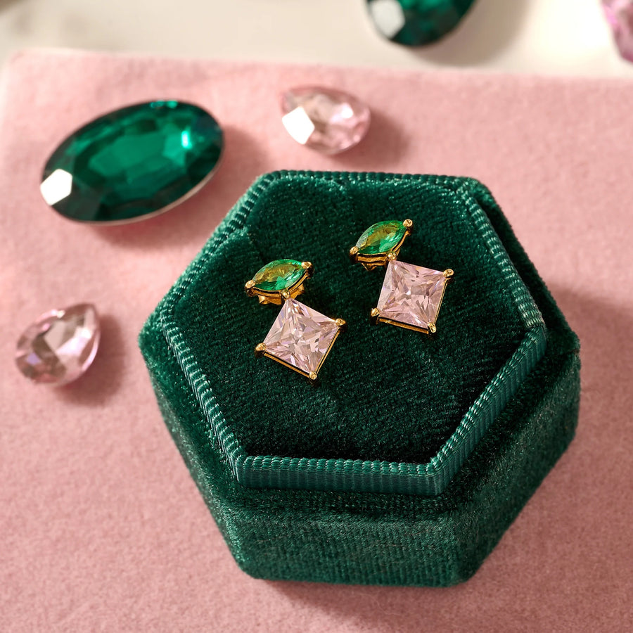 Amelia Esme Stud Earrings (emerald green, pink & gold)