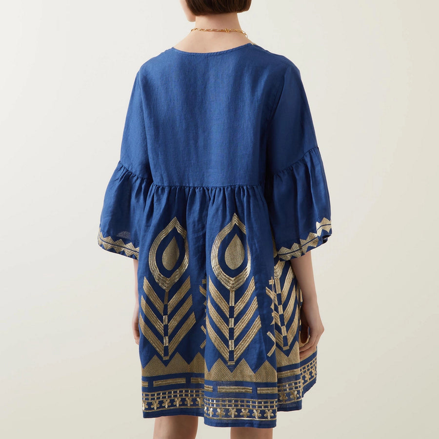 Kori Greek Archaic Short Dress Feather Bell Sleeve Indigo/Gold