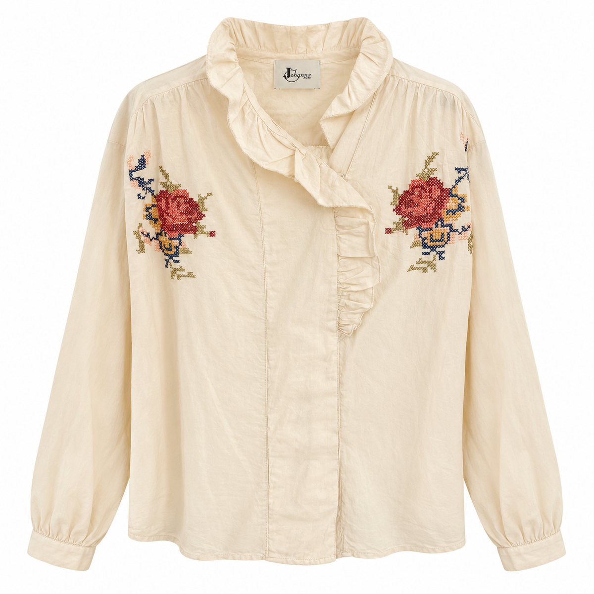 Embroidered Ecru Ruffle Shirt