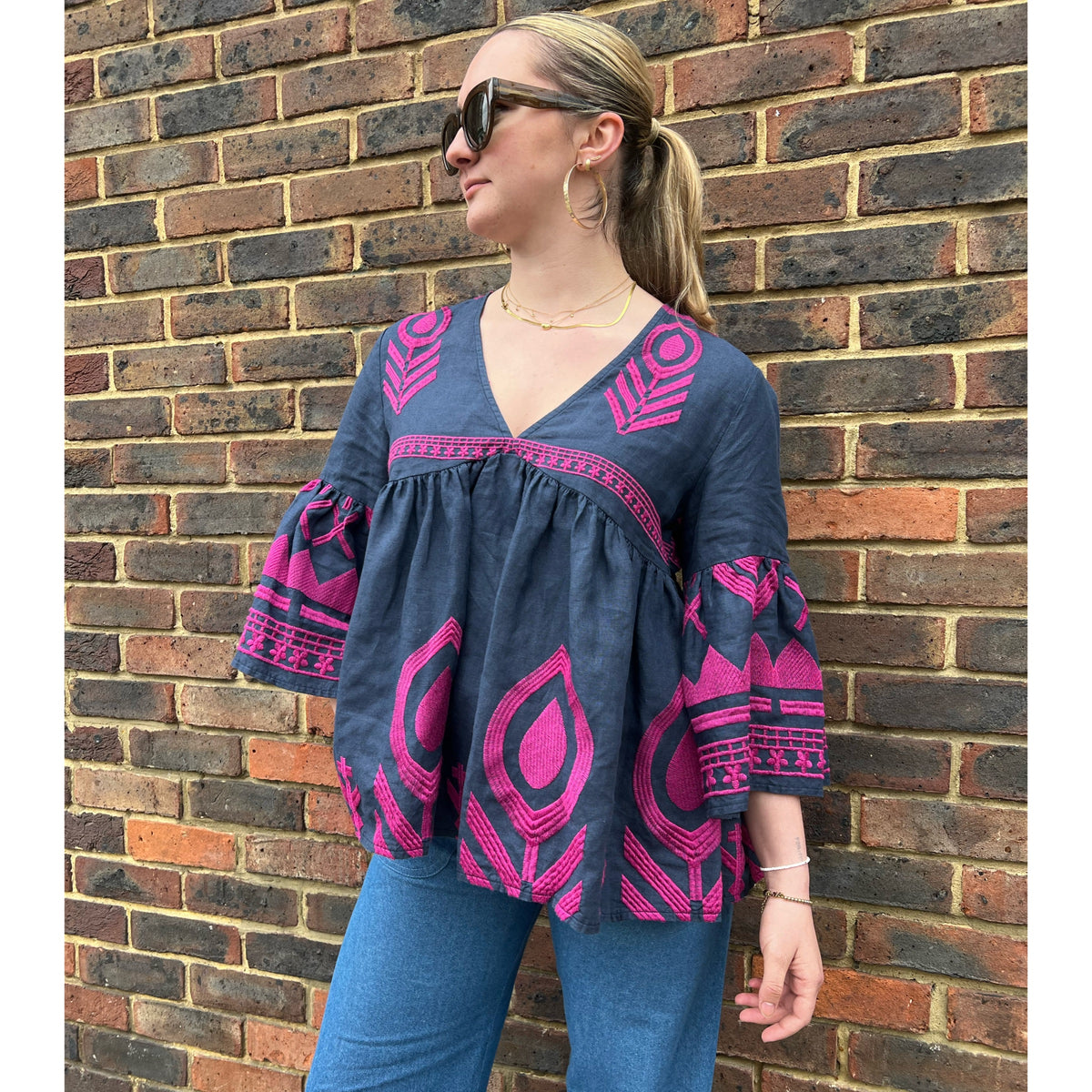 Kori Greek Archaic Feather Tunic Navy/Magenta