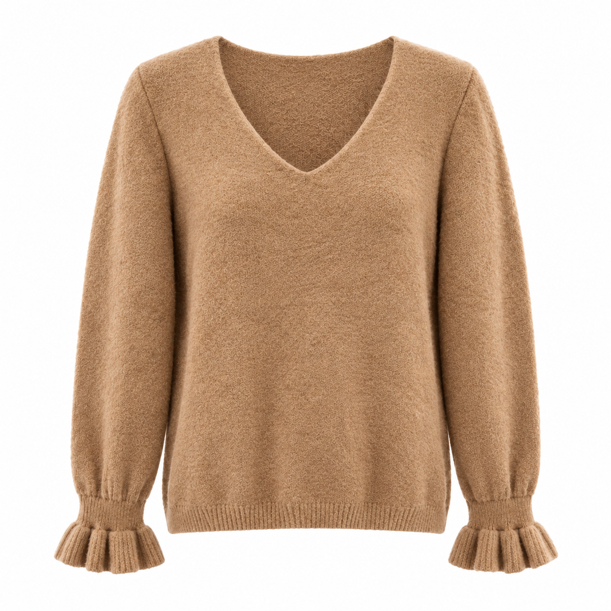 Ruffle Cuff V Neck Camel