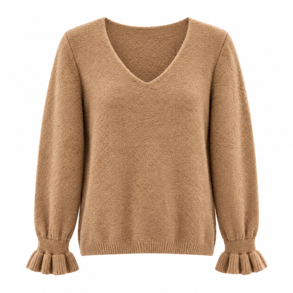 Ruffle Cuff V Neck Camel