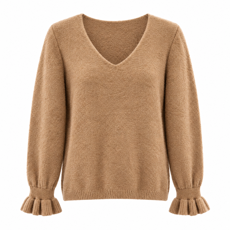Ruffle Cuff V Neck Camel
