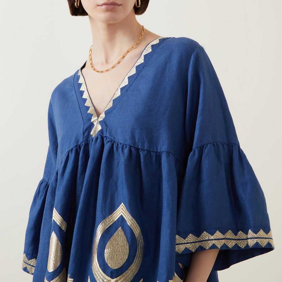 Kori Greek Archaic Short Dress Feather Bell Sleeve Indigo/Gold