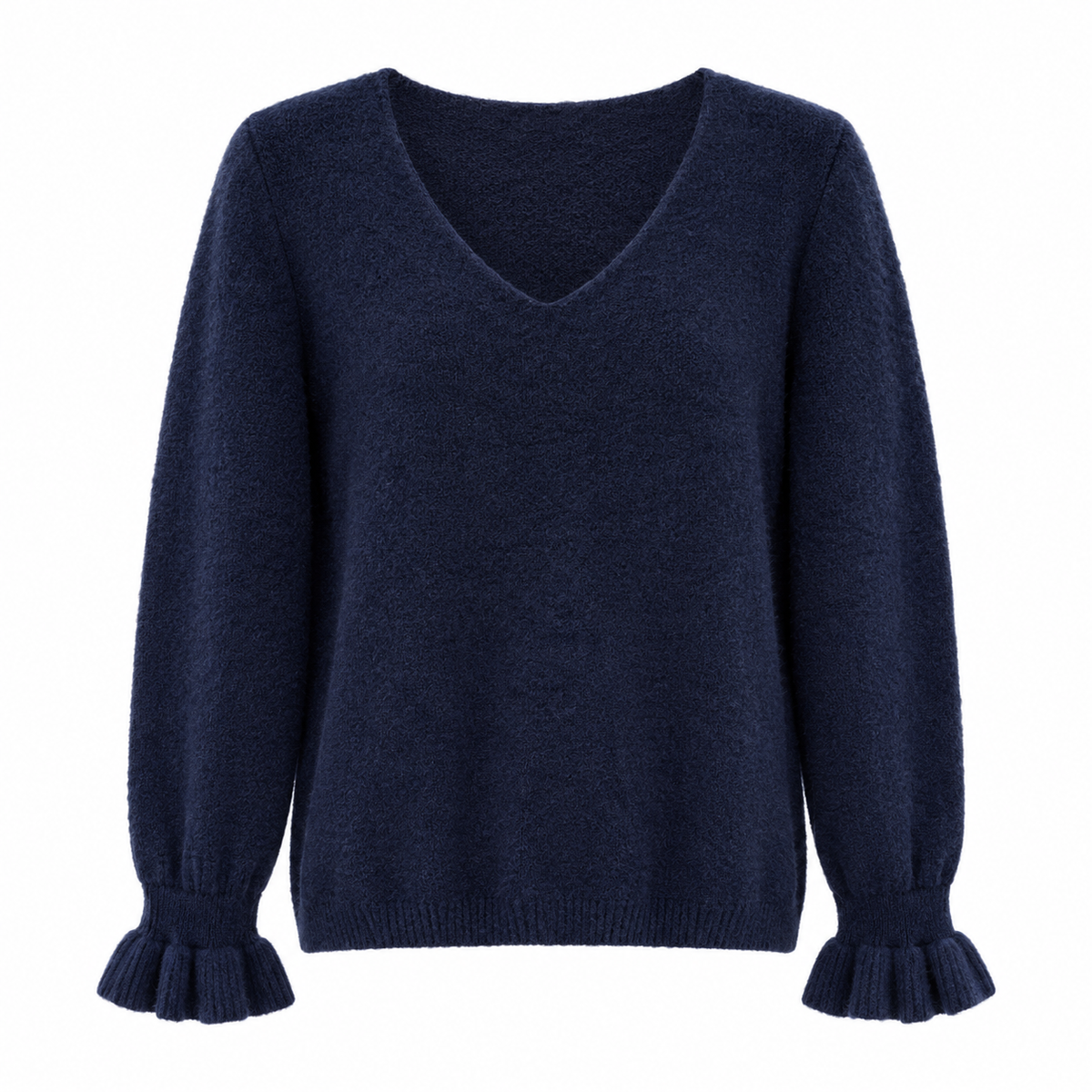 Ruffle Cuff V Neck Navy