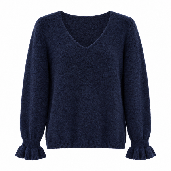 Ruffle Cuff V Neck Navy