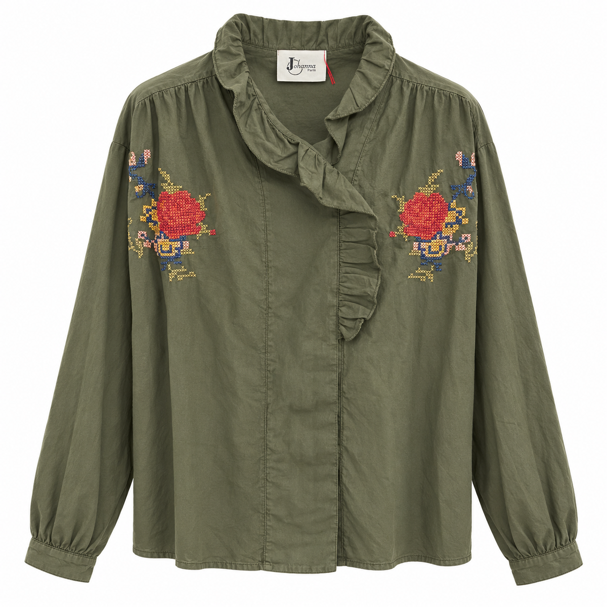 Embroidered Olive Ruffle Shirt