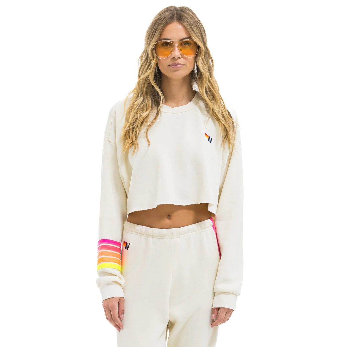 *NEW STYLE* Aviator Nation Cropped Crew Vintage White/Neon