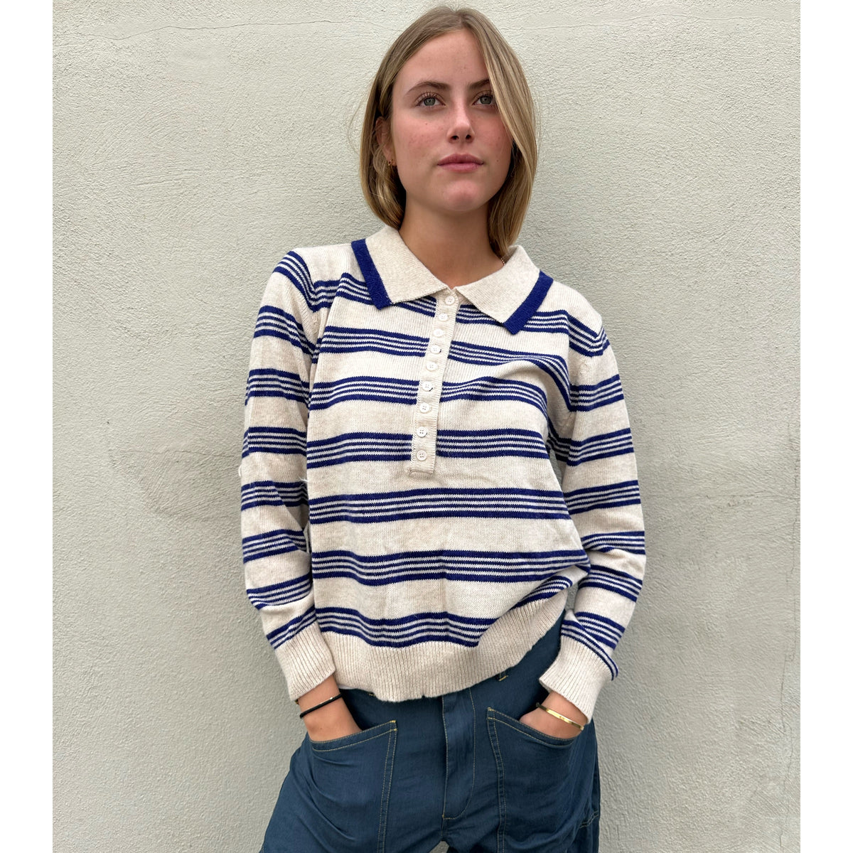 Stripe Collared Knit Ecru/Blue