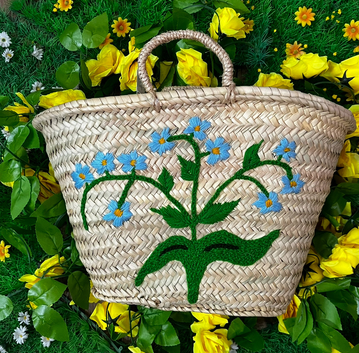 Blue Floral Embroidered Market Basket