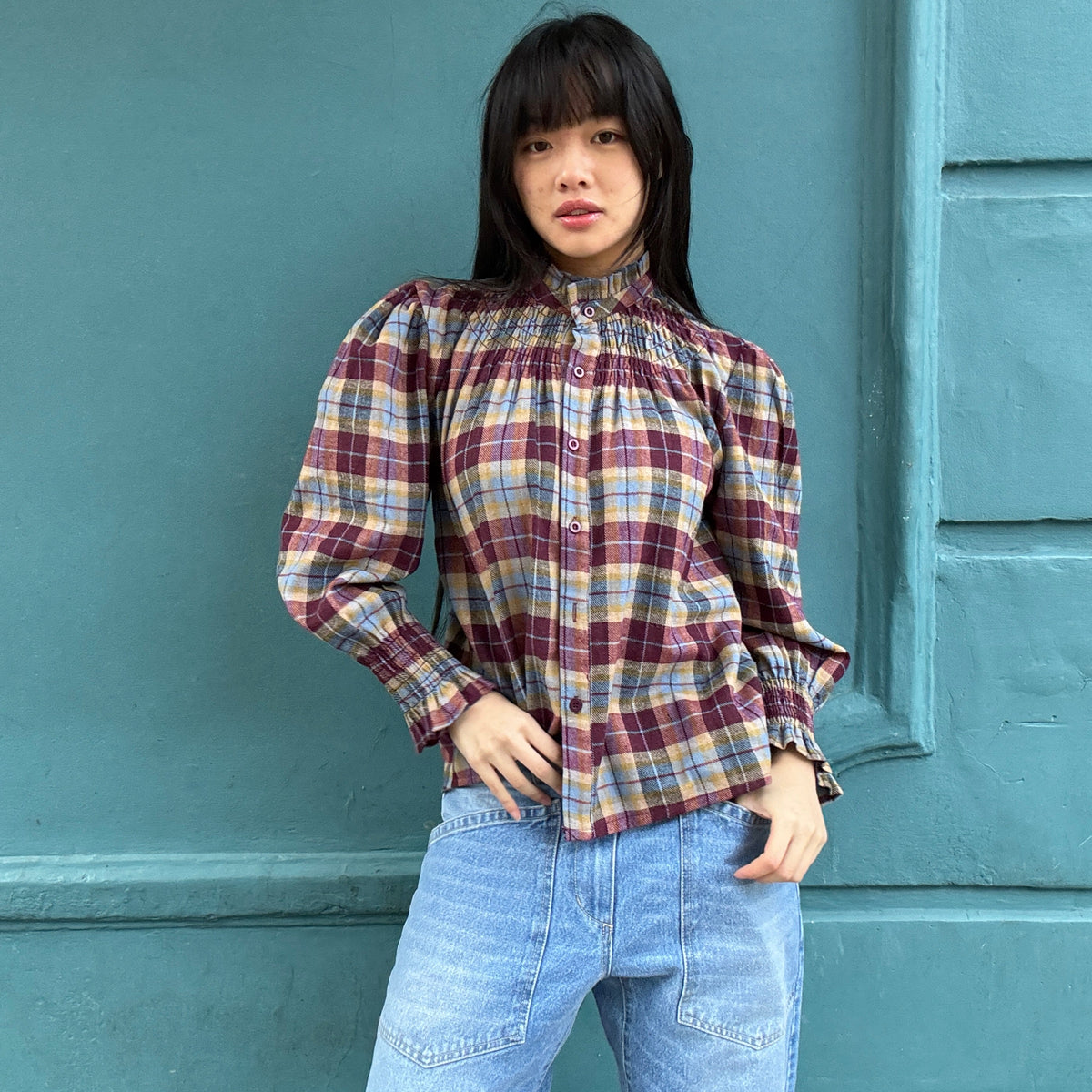 *NEW* Johanna Smocked Plaid Shirt Wine