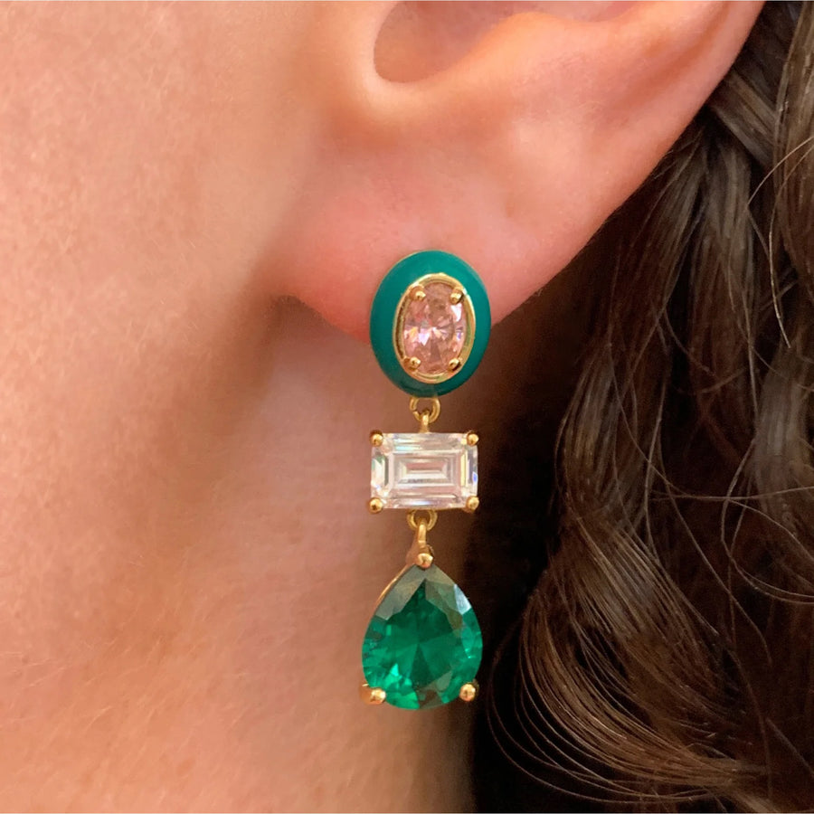Amelia Frida Enamel Drop Earrings (pink, green & gold)