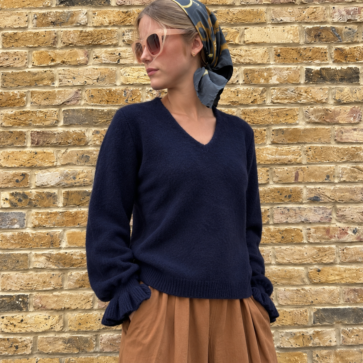 Ruffle Cuff V Neck Navy