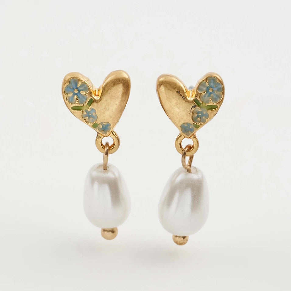 Forget-Me-Not Heart & Pearl Earrings