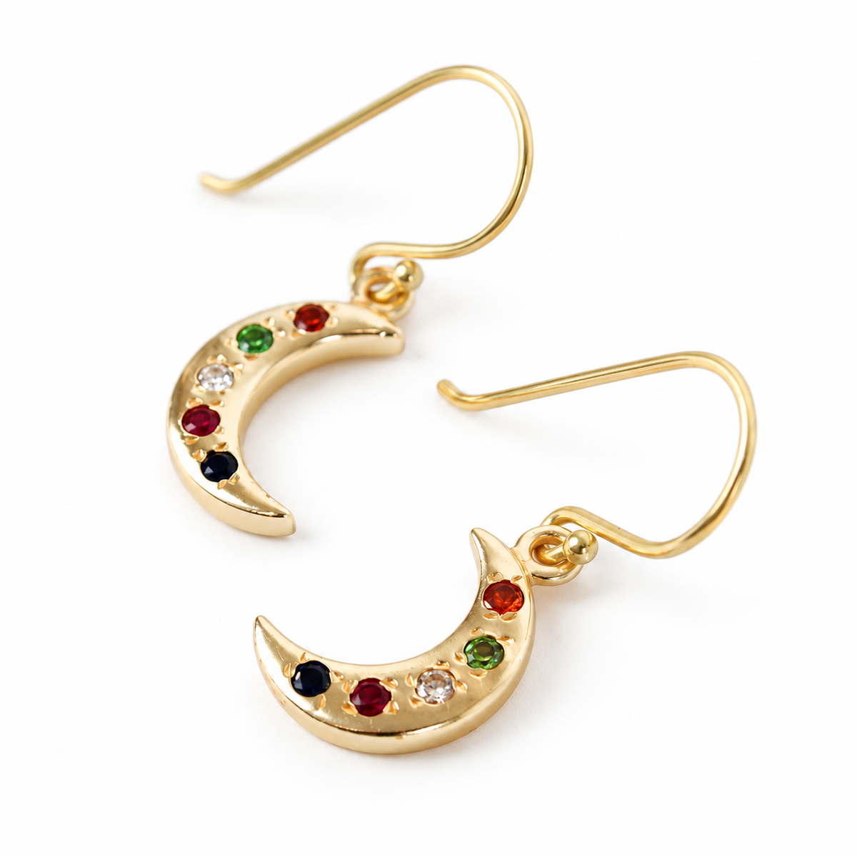 Gold Moon Gem Studded Hook Earrings